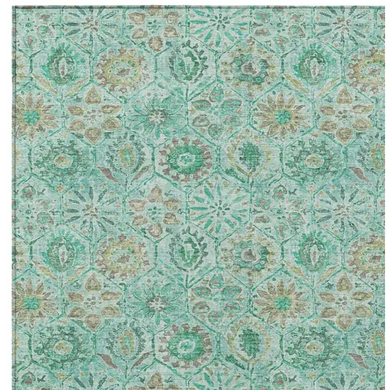 Aqua And Beige Floral Washable Indoor Outdoor Area Rug Photo 8
