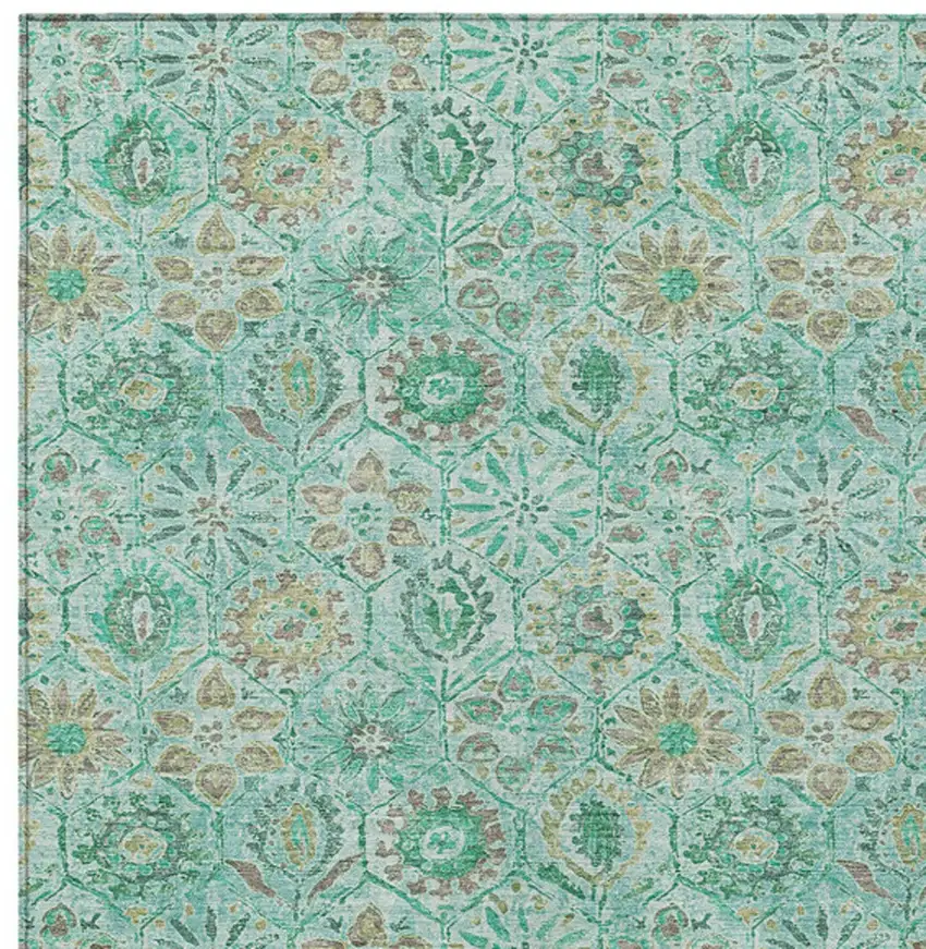 Aqua And Beige Floral Washable Indoor Outdoor Area Rug Photo 8
