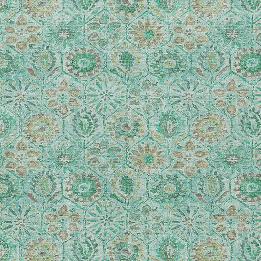 Aqua And Beige Floral Washable Indoor Outdoor Area Rug Photo 3