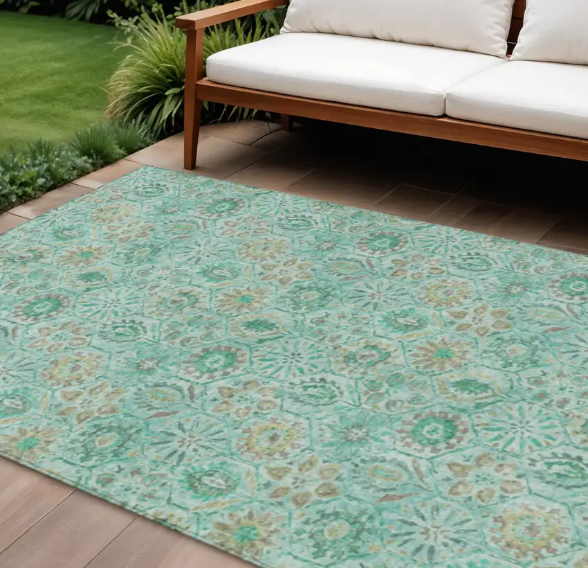 Aqua And Beige Floral Washable Indoor Outdoor Area Rug Photo 2