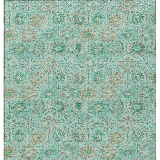 Aqua And Beige Floral Washable Indoor Outdoor Area Rug Photo 9