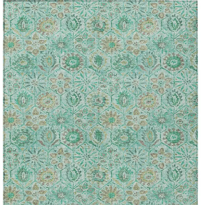 Aqua And Beige Floral Washable Indoor Outdoor Area Rug Photo 9