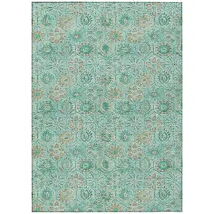 Photo of Aqua And Beige Floral Washable Indoor Outdoor Area Rug