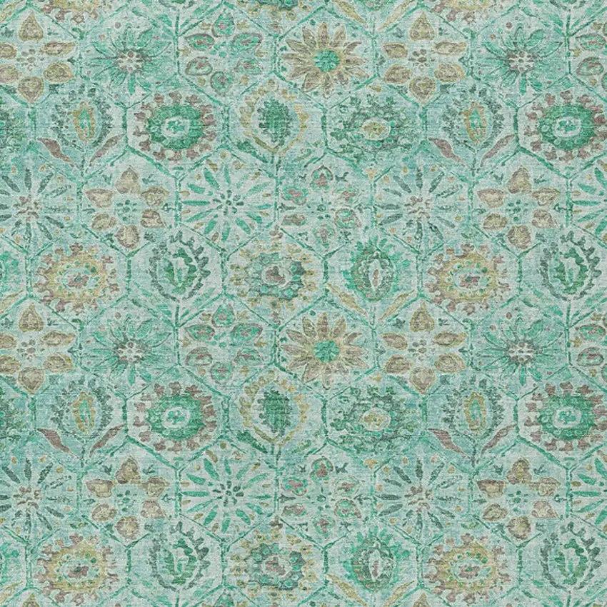 Aqua And Beige Floral Washable Indoor Outdoor Area Rug Photo 8