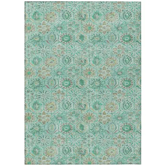 Aqua And Beige Floral Washable Indoor Outdoor Area Rug Photo 1