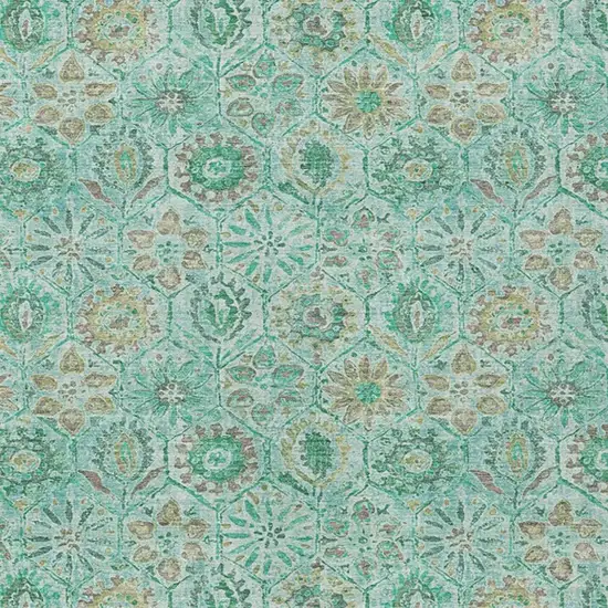 Aqua And Beige Floral Washable Indoor Outdoor Area Rug Photo 3