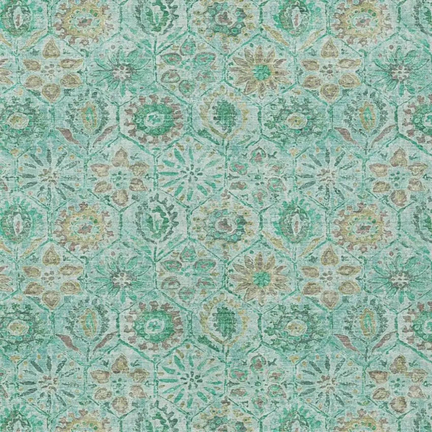 Aqua And Beige Floral Washable Indoor Outdoor Area Rug Photo 3