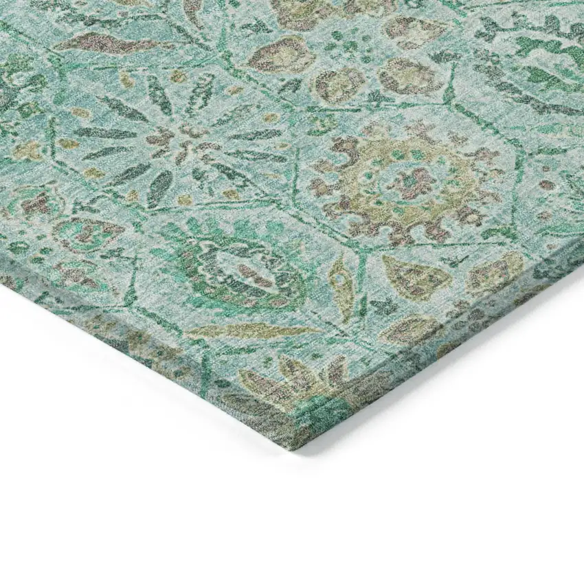 Aqua And Beige Floral Washable Indoor Outdoor Area Rug Photo 6