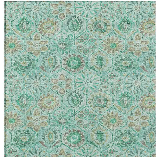 Aqua And Beige Floral Washable Indoor Outdoor Area Rug Photo 8