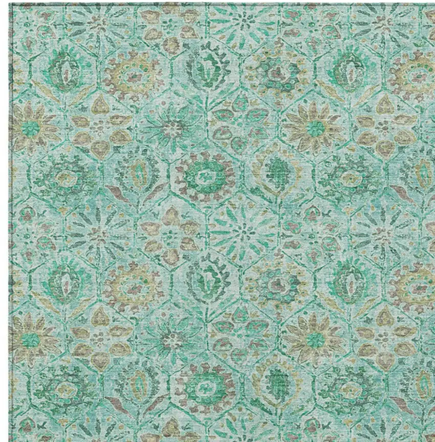 Aqua And Beige Floral Washable Indoor Outdoor Area Rug Photo 8