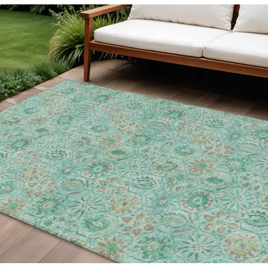 Aqua And Beige Floral Washable Indoor Outdoor Area Rug Photo 2