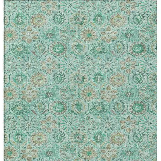 Aqua And Beige Floral Washable Indoor Outdoor Area Rug Photo 4