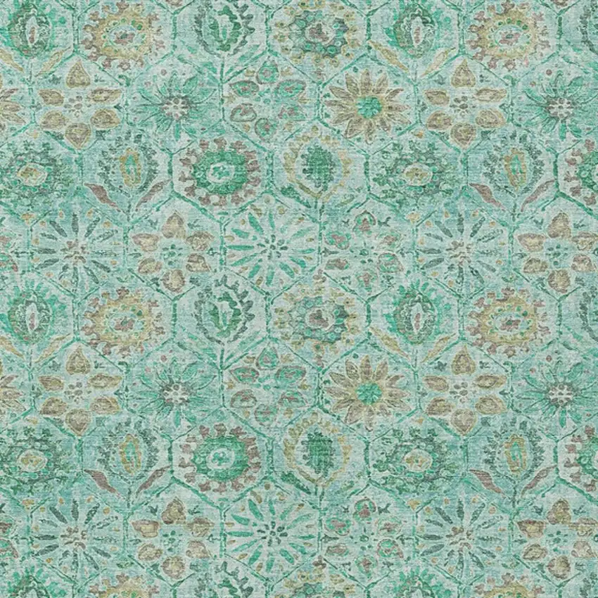 Aqua And Beige Floral Washable Indoor Outdoor Area Rug Photo 3