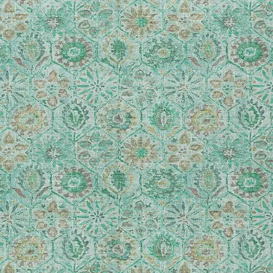 Aqua And Beige Floral Washable Indoor Outdoor Area Rug Photo 8