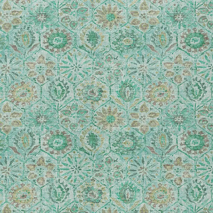 Aqua And Beige Floral Washable Indoor Outdoor Area Rug Photo 8