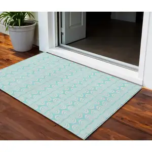 Photo of Aqua And Beige Ogee Washable Indoor Outdoor Area Rug