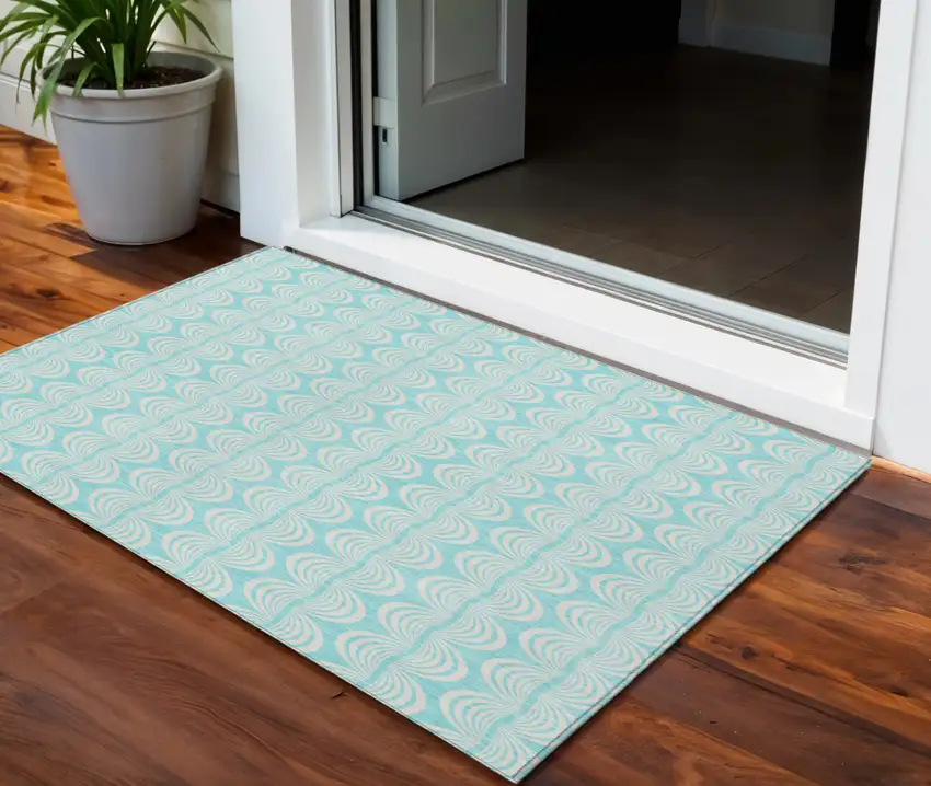 Aqua And Beige Ogee Washable Indoor Outdoor Area Rug Photo 1