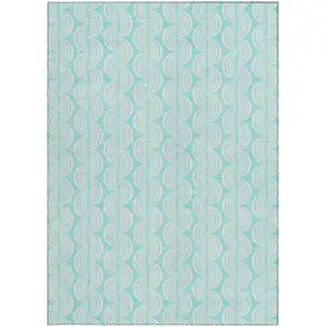 Photo of Aqua And Beige Ogee Washable Indoor Outdoor Area Rug