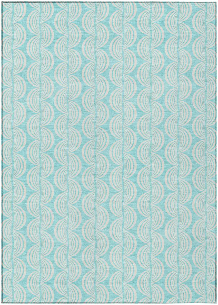 Aqua And Beige Ogee Washable Indoor Outdoor Area Rug Photo 2