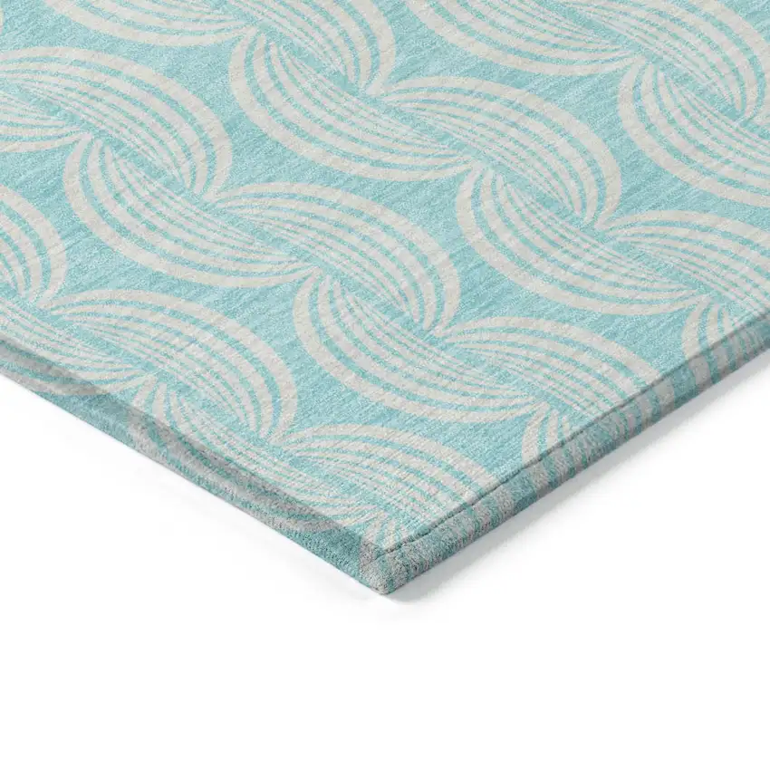 Aqua And Beige Ogee Washable Indoor Outdoor Area Rug Photo 3