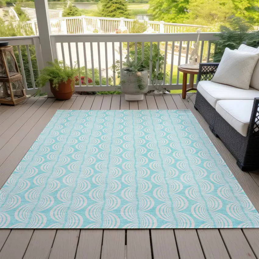 Aqua And Beige Ogee Washable Indoor Outdoor Area Rug Photo 7