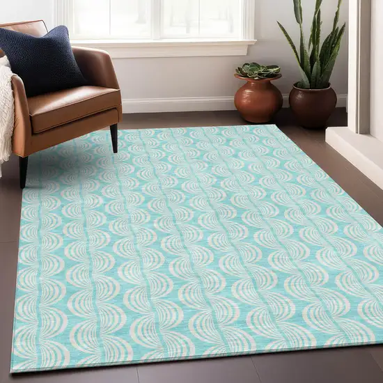 Aqua And Beige Ogee Washable Indoor Outdoor Area Rug Photo 8