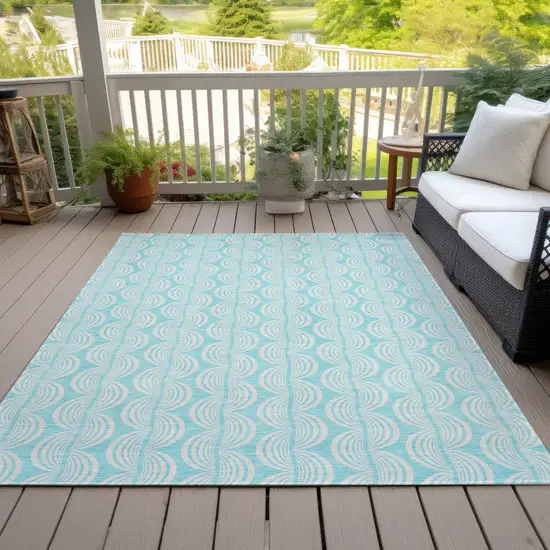 Aqua And Beige Ogee Washable Indoor Outdoor Area Rug Photo 7