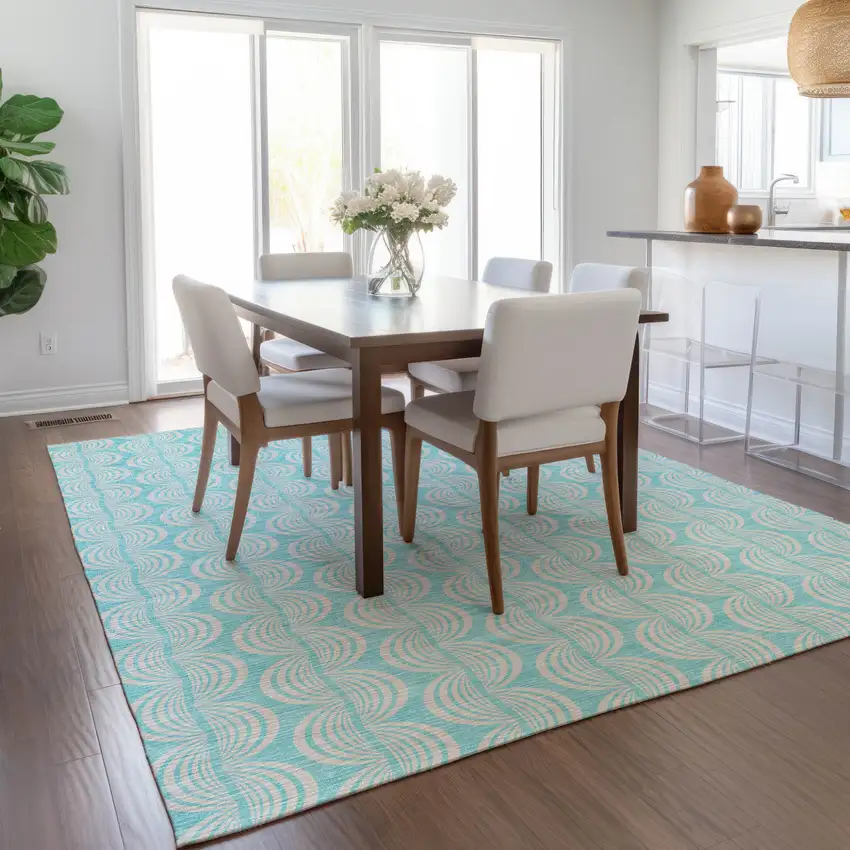 Aqua And Beige Ogee Washable Indoor Outdoor Area Rug Photo 9