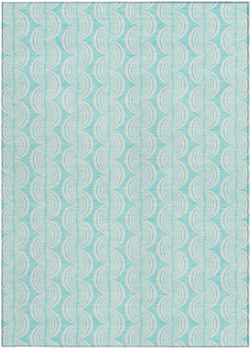 Aqua And Beige Ogee Washable Indoor Outdoor Area Rug Photo 6