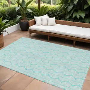 Photo of Aqua And Beige Ogee Washable Indoor Outdoor Area Rug