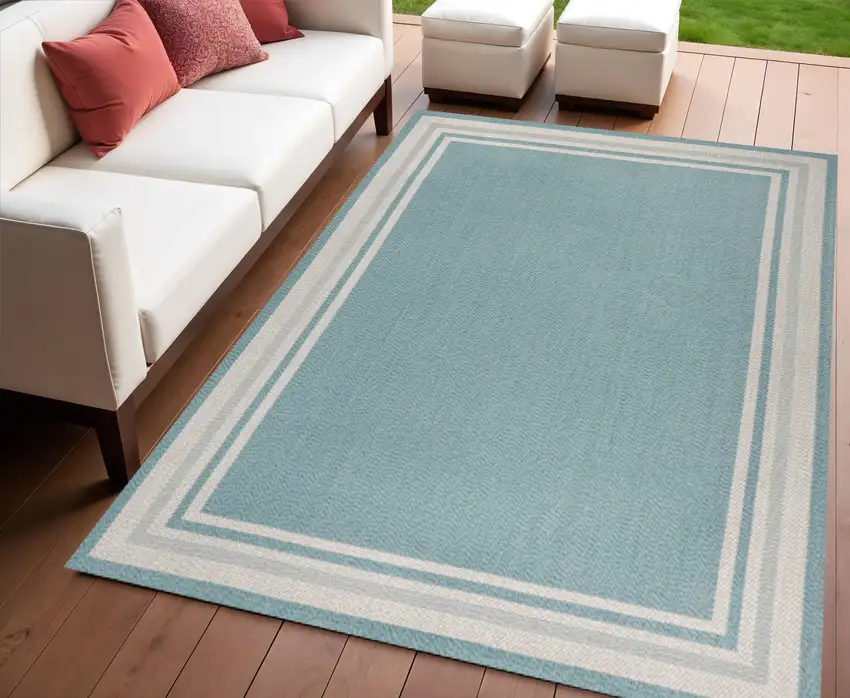 Aqua And Beige Striped Indoor Outdoor Area Rug Photo 1