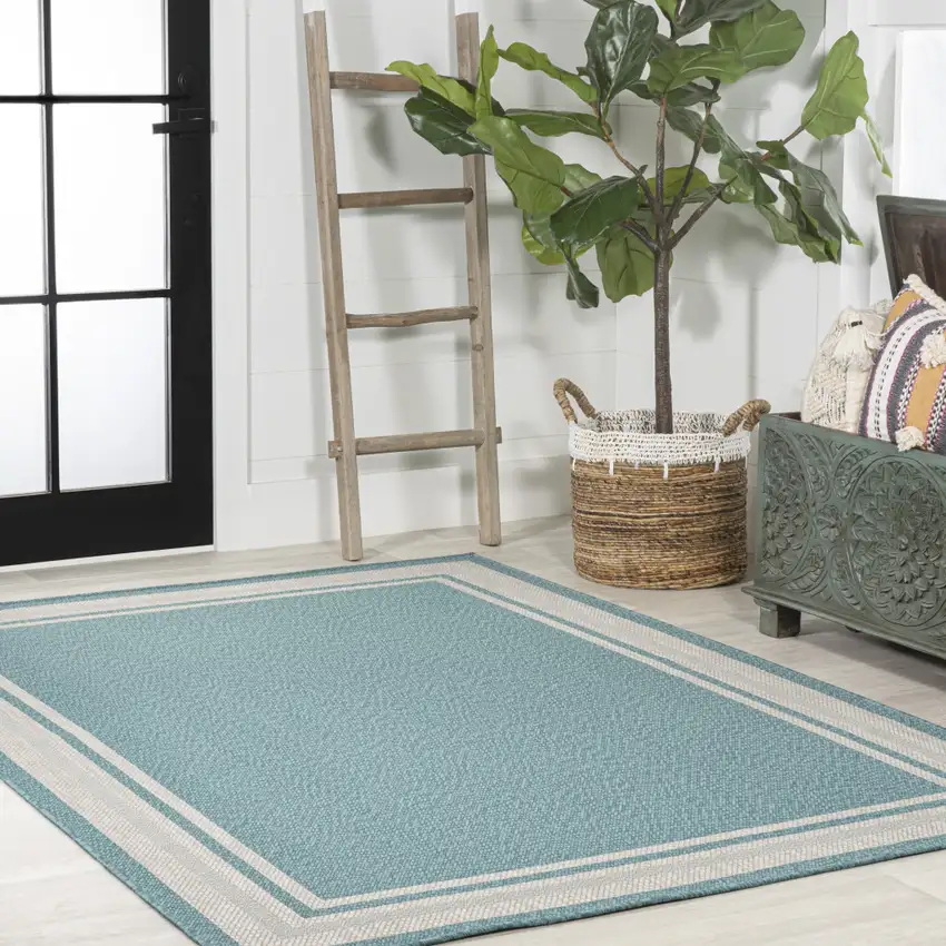 Aqua And Beige Striped Indoor Outdoor Area Rug Photo 9