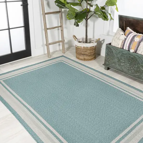 Aqua And Beige Striped Indoor Outdoor Area Rug Photo 8