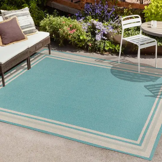 Aqua And Beige Striped Indoor Outdoor Area Rug Photo 9