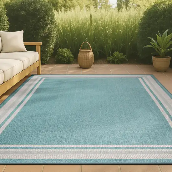 Aqua And Beige Striped Indoor Outdoor Area Rug Photo 5