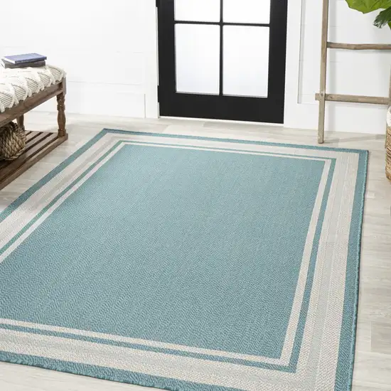 Aqua And Beige Striped Indoor Outdoor Area Rug Photo 6