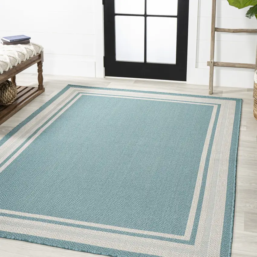 Aqua And Beige Striped Indoor Outdoor Area Rug Photo 6