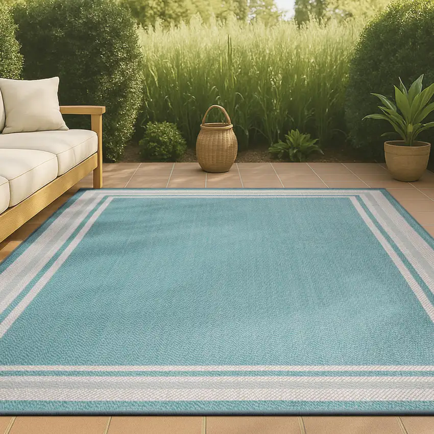 Aqua And Beige Striped Indoor Outdoor Area Rug Photo 6