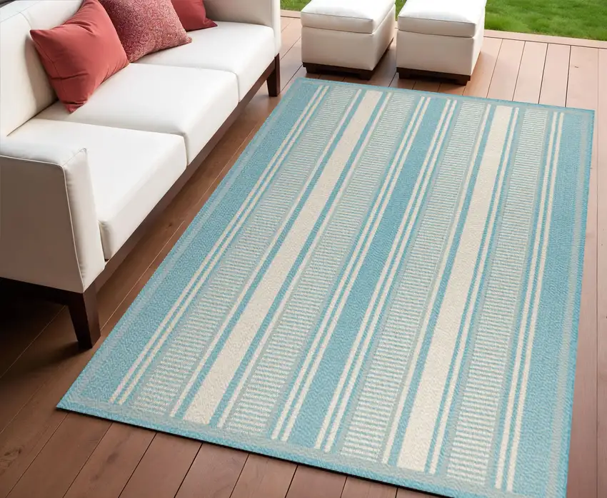 Aqua And Beige Striped Indoor Outdoor Area Rug Photo 1