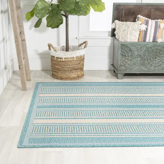 Aqua And Beige Striped Indoor Outdoor Area Rug Photo 6