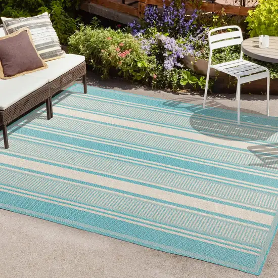 Aqua And Beige Striped Indoor Outdoor Area Rug Photo 9
