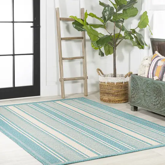 Aqua And Beige Striped Indoor Outdoor Area Rug Photo 8