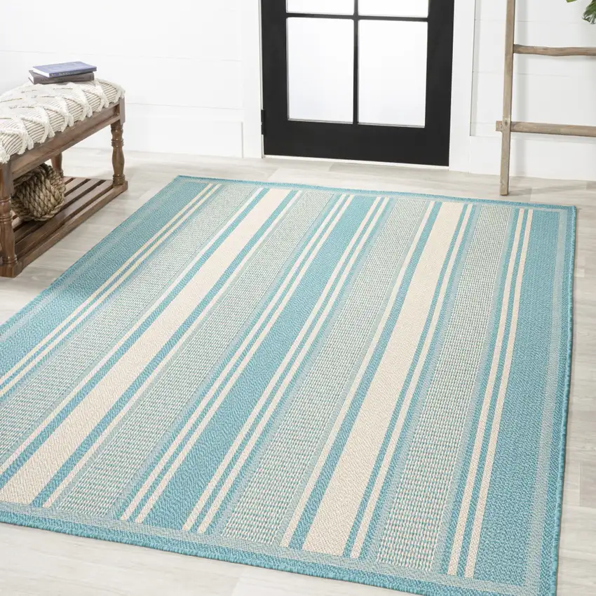 Aqua And Beige Striped Indoor Outdoor Area Rug Photo 5