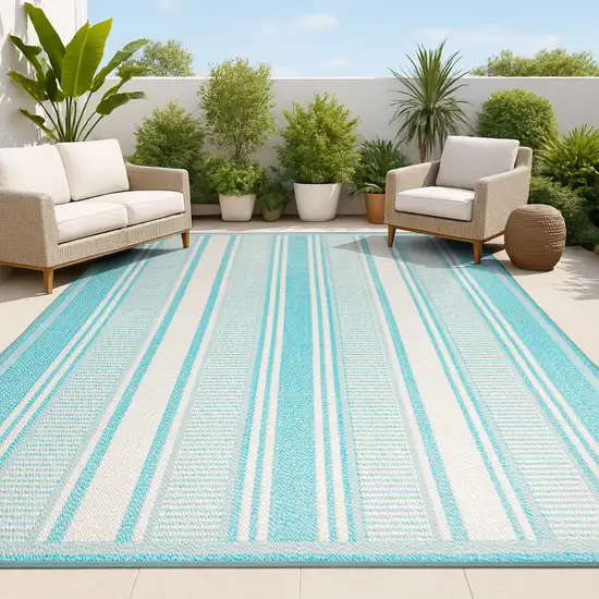 Aqua And Beige Striped Indoor Outdoor Area Rug Photo 4