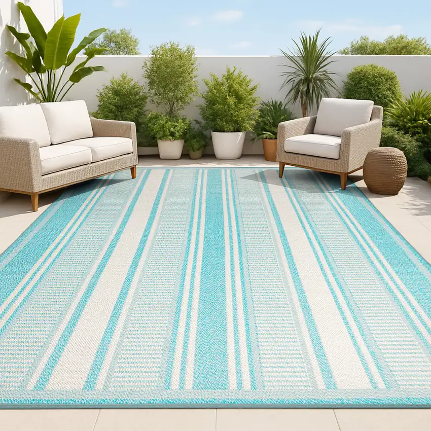 Aqua And Beige Striped Indoor Outdoor Area Rug Photo 4