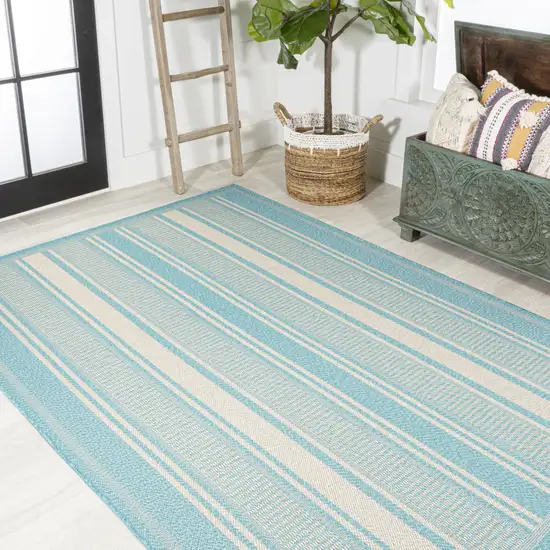 Aqua And Beige Striped Indoor Outdoor Area Rug Photo 7