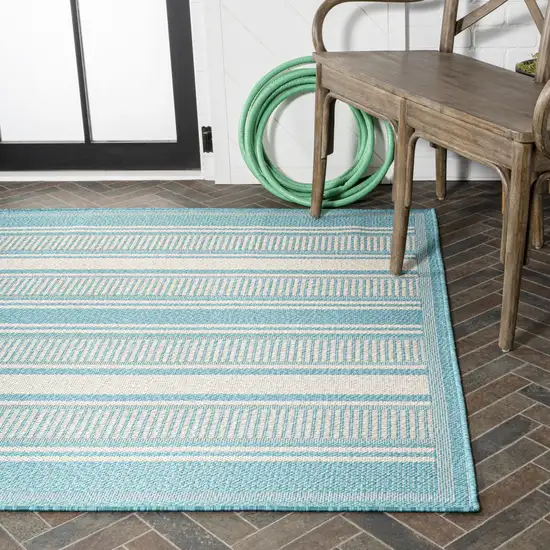 Aqua And Beige Striped Indoor Outdoor Area Rug Photo 9