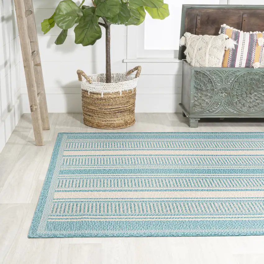 Aqua And Beige Striped Indoor Outdoor Area Rug Photo 8