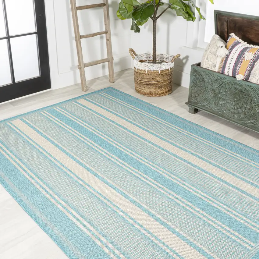 Aqua And Beige Striped Indoor Outdoor Area Rug Photo 9
