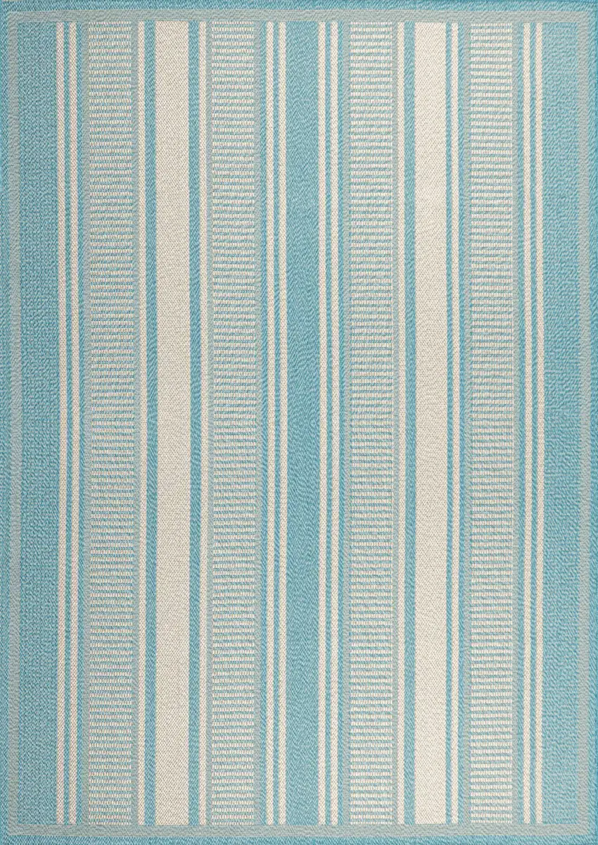 Aqua And Beige Striped Indoor Outdoor Area Rug Photo 2